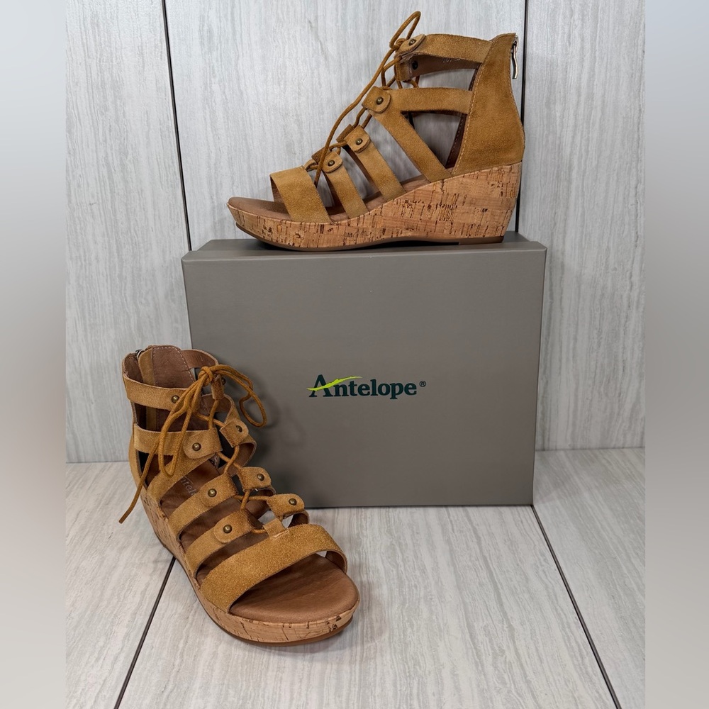 Antelope Tan Suede Lace-Up Cork Wedge Sandals